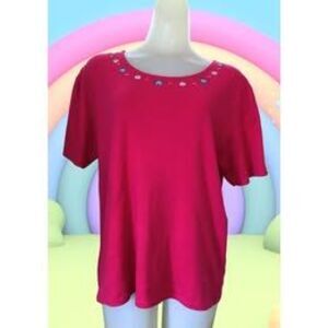 Vintage 1990s Bright Fuchsia Pink T-Shirt, Floral Embroidery, Beads, Medium
